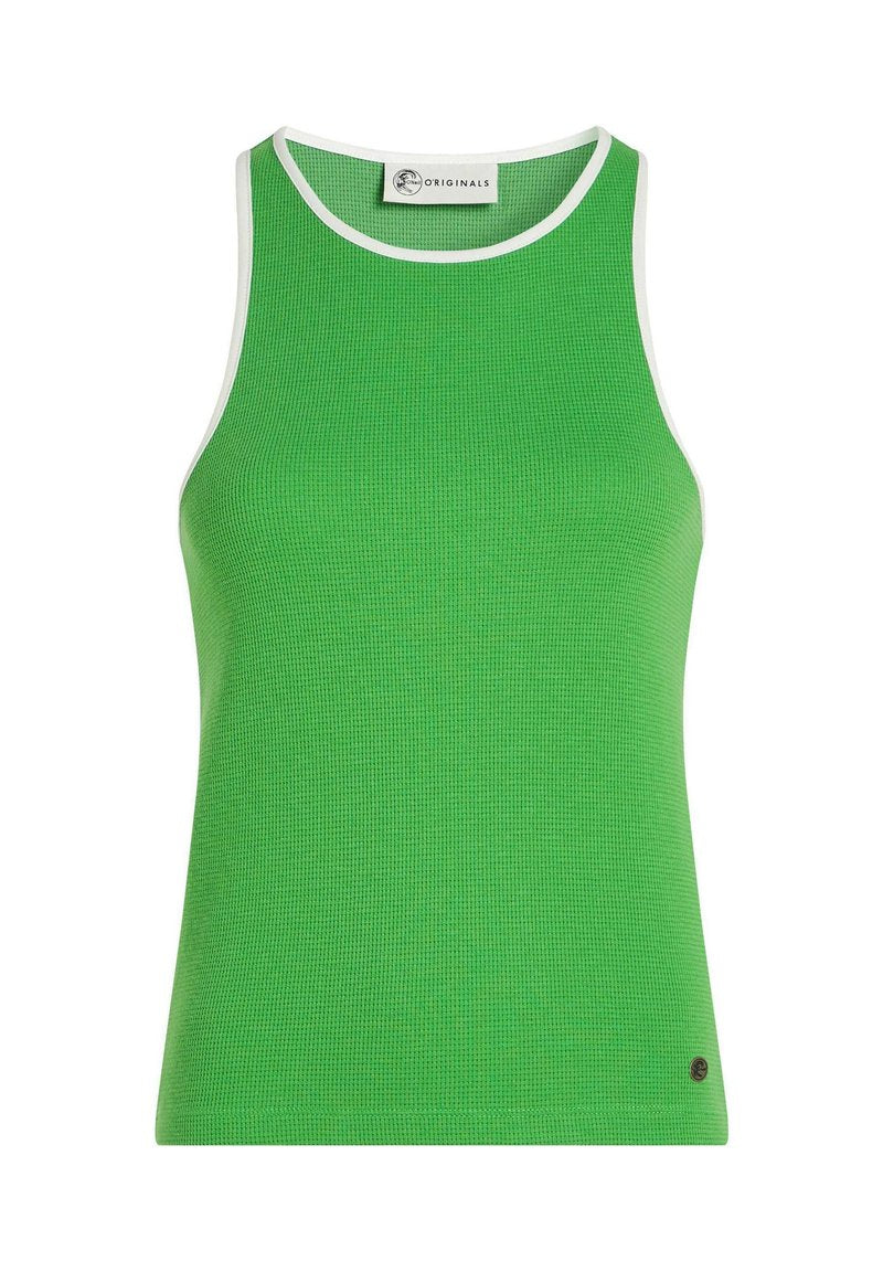 Grünes, geripptes Tanktop mit rundem Ausschnitt und weißem Besatz, versehen mit einem kleinen Logoschild an der unteren Seite. Glatte Textur, figurbetontes Design.