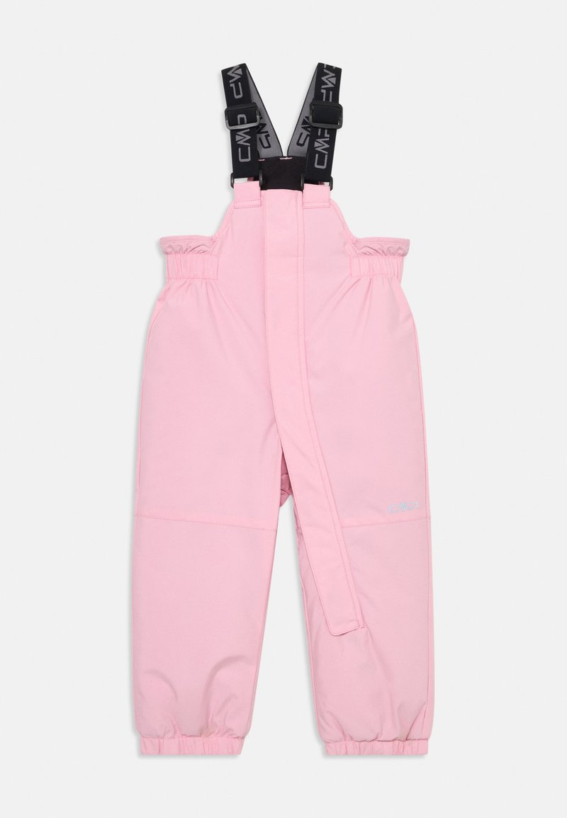 Rosa wasserdichte Latzhose mit verstellbaren schwarzen Trägern, elastischem Bund und Bündchen. Mit einem seitlichen Logo und einem geraden Schnittdesign.