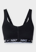 Schwarzer Nike-Sport-BH mit Reißverschluss vorne und verstellbaren Trägern, mit einem elastischen, markenprägten Band unter der Brust für zusätzlichen Halt.