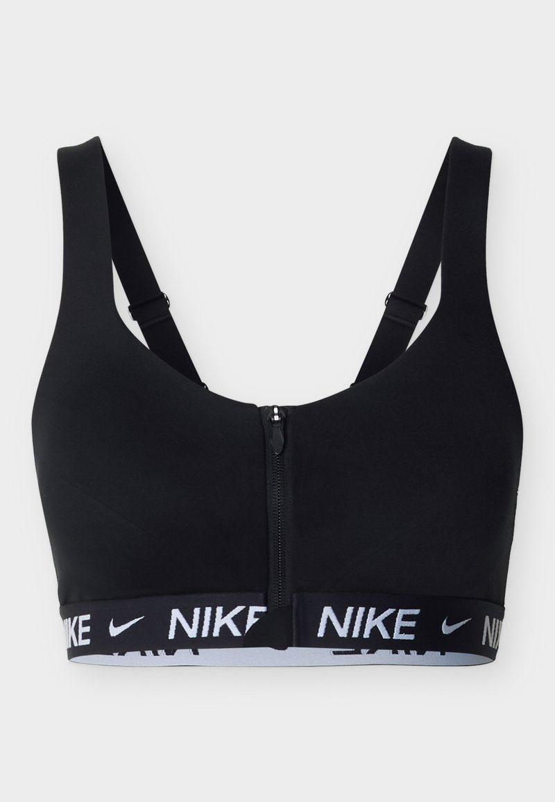 Schwarzer Nike-Sport-BH mit Reißverschluss vorne und verstellbaren Trägern, mit einem elastischen, markenprägten Band unter der Brust für zusätzlichen Halt.