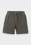 Dunkelgraue Baumwollshorts mit elastischem Bund, Vordertaschen und Kordelzug in der Mitte.