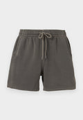 Dunkelgraue Baumwollshorts mit elastischem Bund, Vordertaschen und Kordelzug in der Mitte.