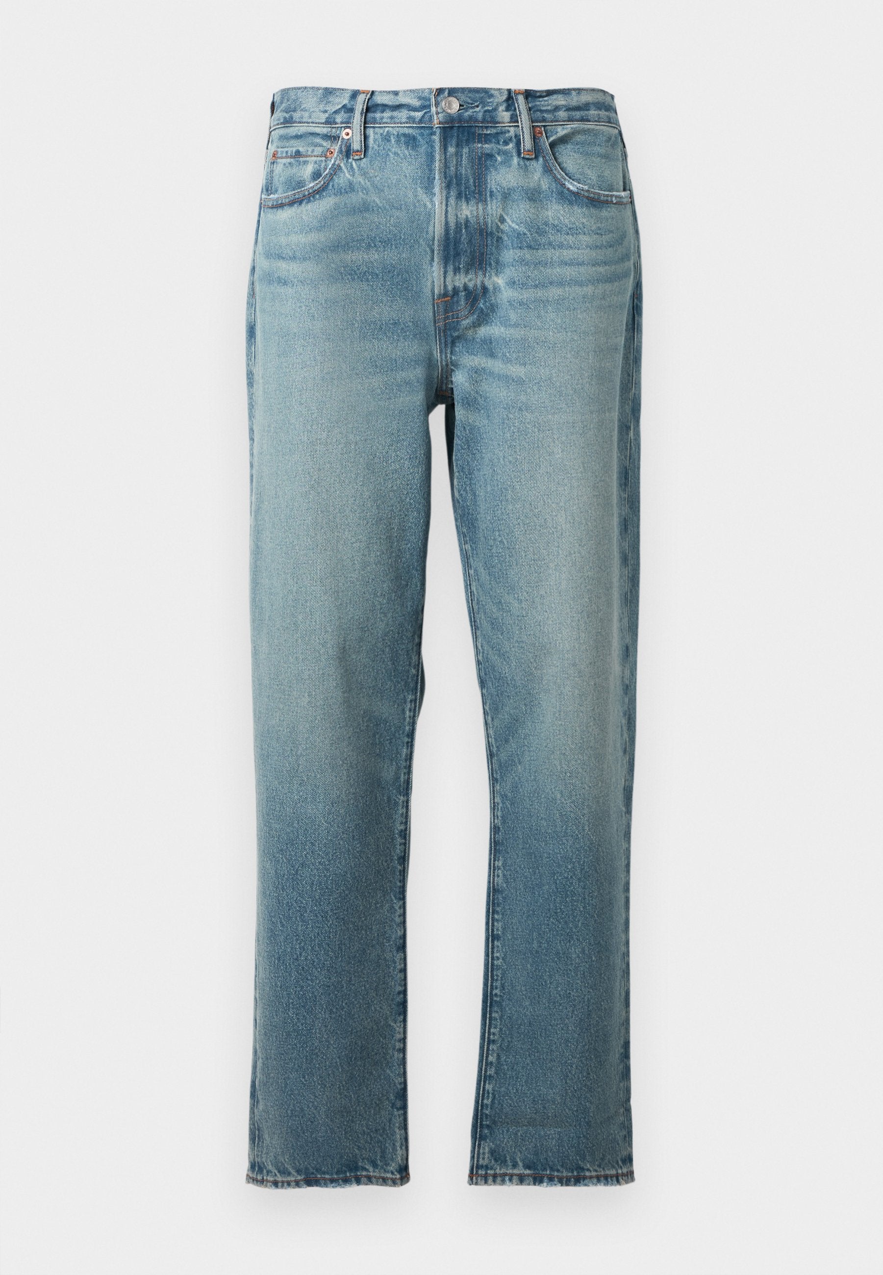 Helle blaue Jeans im geraden Schnitt, mit verwaschenen Bereichen und dezenten Waschungen. Traditionelles Fünf-Taschen-Design mit metallischen Beschlägen.