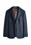 Navy-Wollblazer mit einem Ein-Knopf-Verschluss, Reverskragen, zwei vorderen Taschen und gemusterter bordeauxfarbener Fütterung. Mit vier-Knopf-Manschetten.