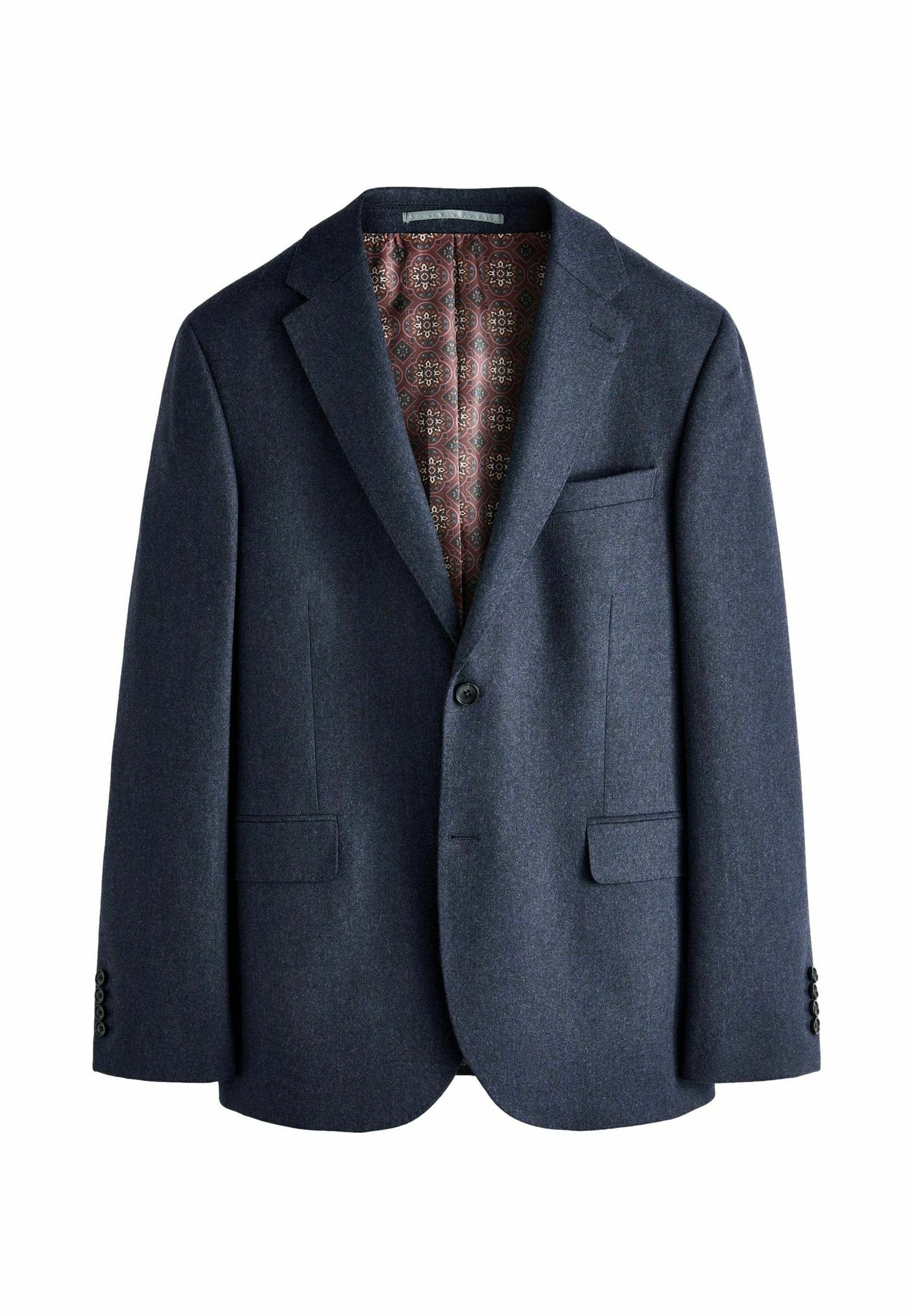 Navy-Wollblazer mit einem Ein-Knopf-Verschluss, Reverskragen, zwei vorderen Taschen und gemusterter bordeauxfarbener Fütterung. Mit vier-Knopf-Manschetten.
