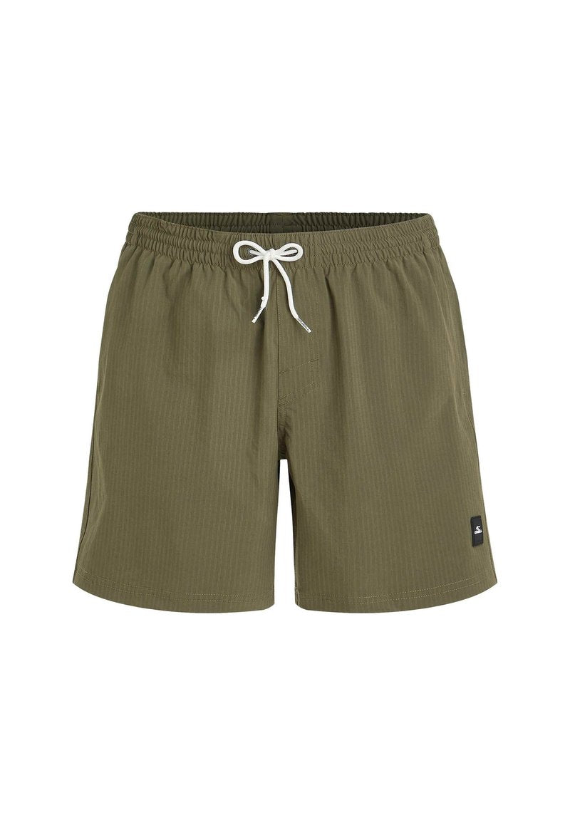 Olivgrüne Badehose aus strukturiertem Material mit elastischem Taillenbund, weißem Kordelzug und einem kleinen schwarzen Logo-Patch.