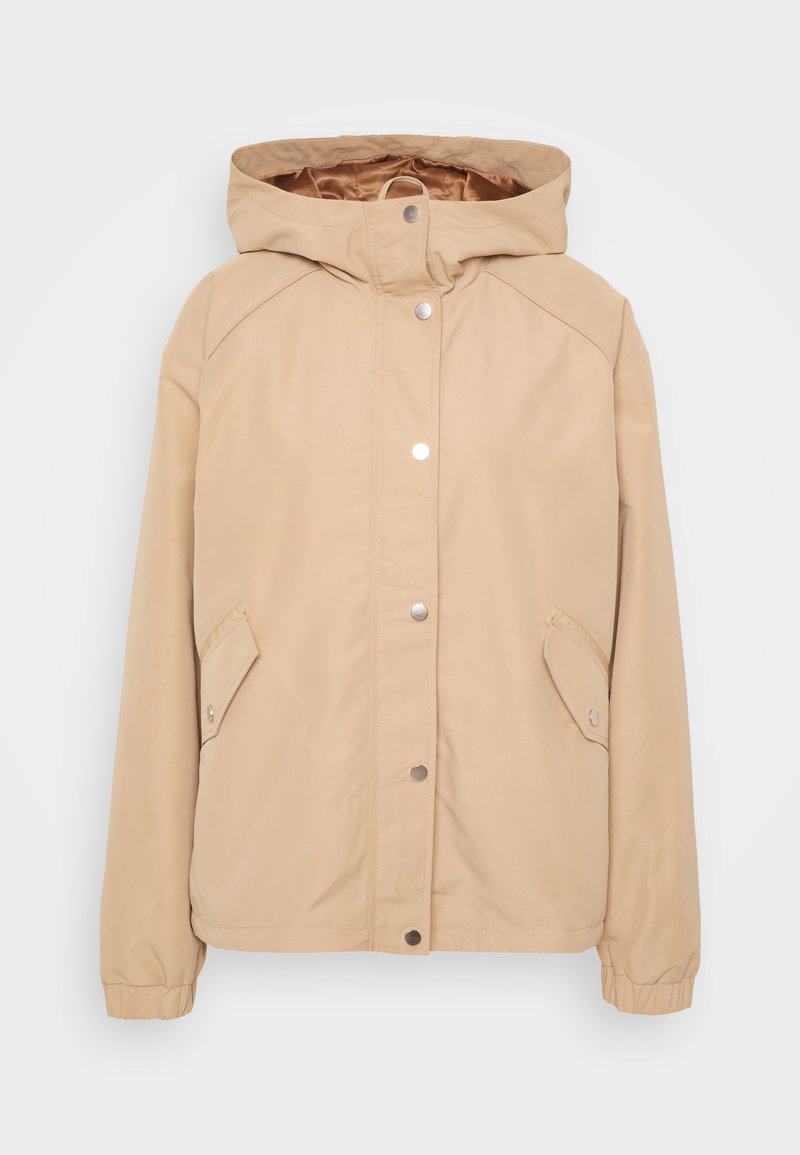 Beige kapuzenjacke mit Druckknopfverschluss, Seitentaschen, elastischen Ärmeln und glatter Textur. Verstärkte Schulternähte und sichtbares Innenfutter.
