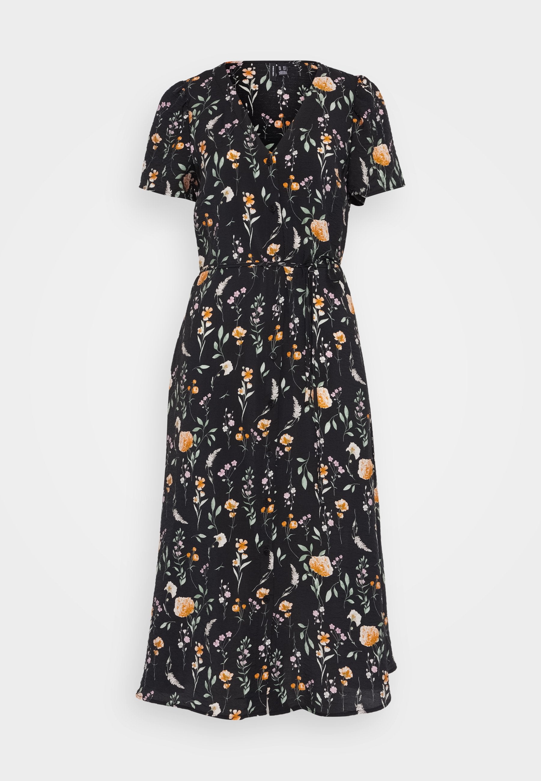 Schwarzes Blumenkleid mit kurzen Ärmeln; bietet orangefarbene, pinkfarbene und grüne Blumenmuster; umfasst einen Bindegürtel in der Taille.
