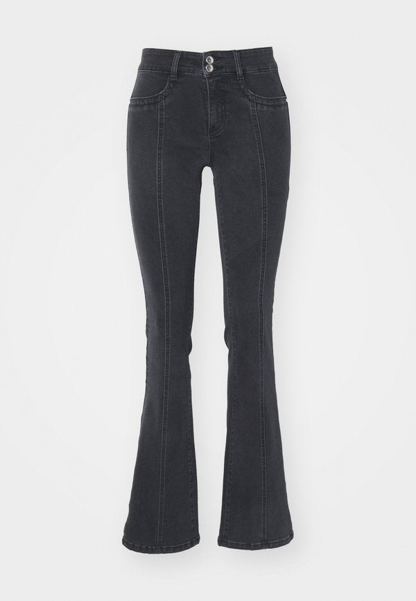 ONLY ONLWAUW MID WAIST PLEAT - Flared Jeans - washed black