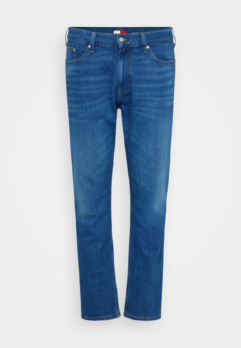 Blaue Jeans aus Denim mit geradem Bein, im klassischen Fünf-Taschen-Stil, mit Gürtelschlaufen und Knopfverschluss. Dezente Verblassungen.
