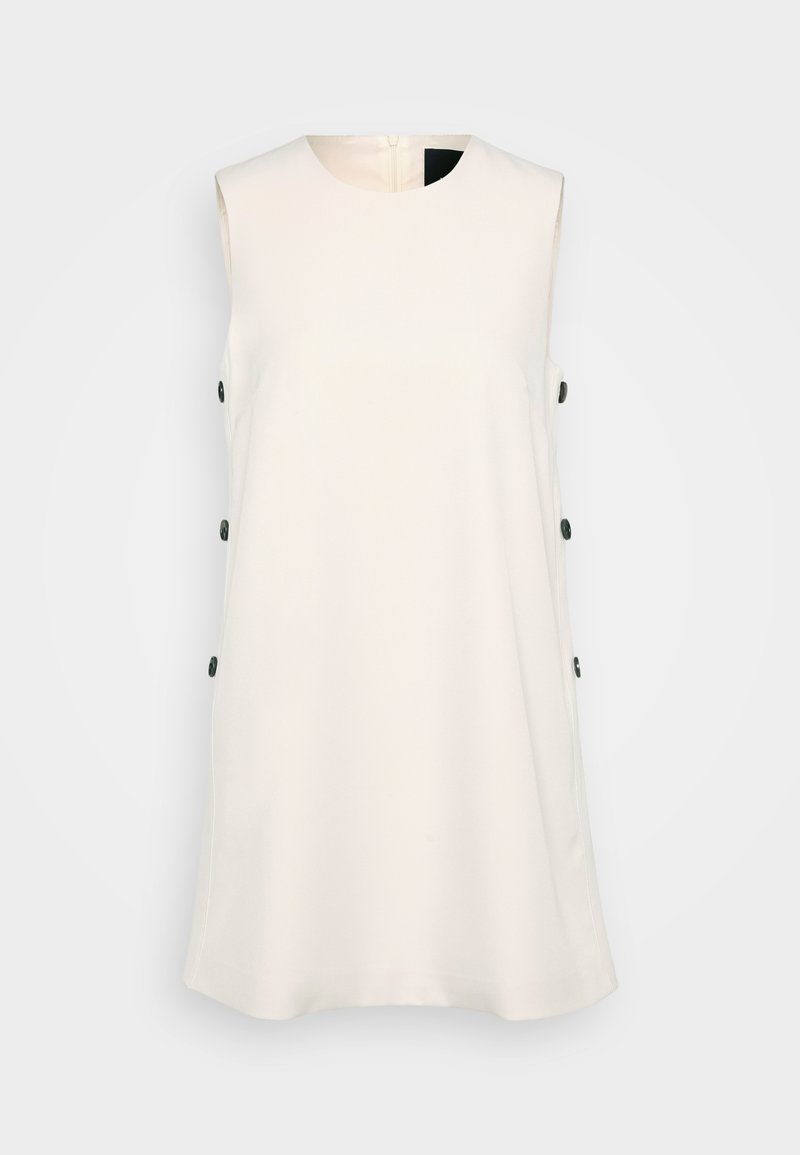 Ärmelloses weißes Kleid mit Rundhalsausschnitt, seitlichen Knöpfen und gerader Silhouette. Glattes Material mit dezentem Glanz. Reißverschlussdetails hinten.
