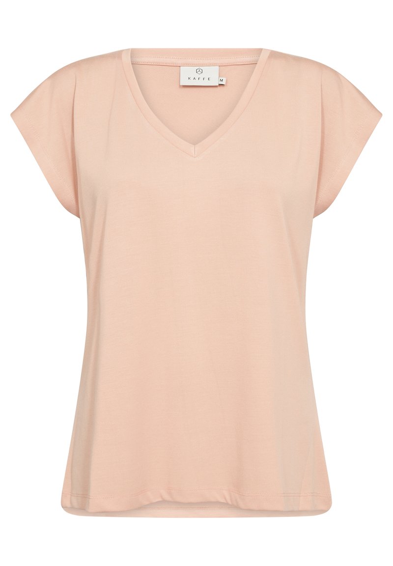 Helles pinkes V-Ausschnitt-T-Shirt mit kurzen Ärmeln. Hergestellt aus weichem Stoff mit lockerer Passform, bietet es eine glatte Textur und dezente Nähdetails.
