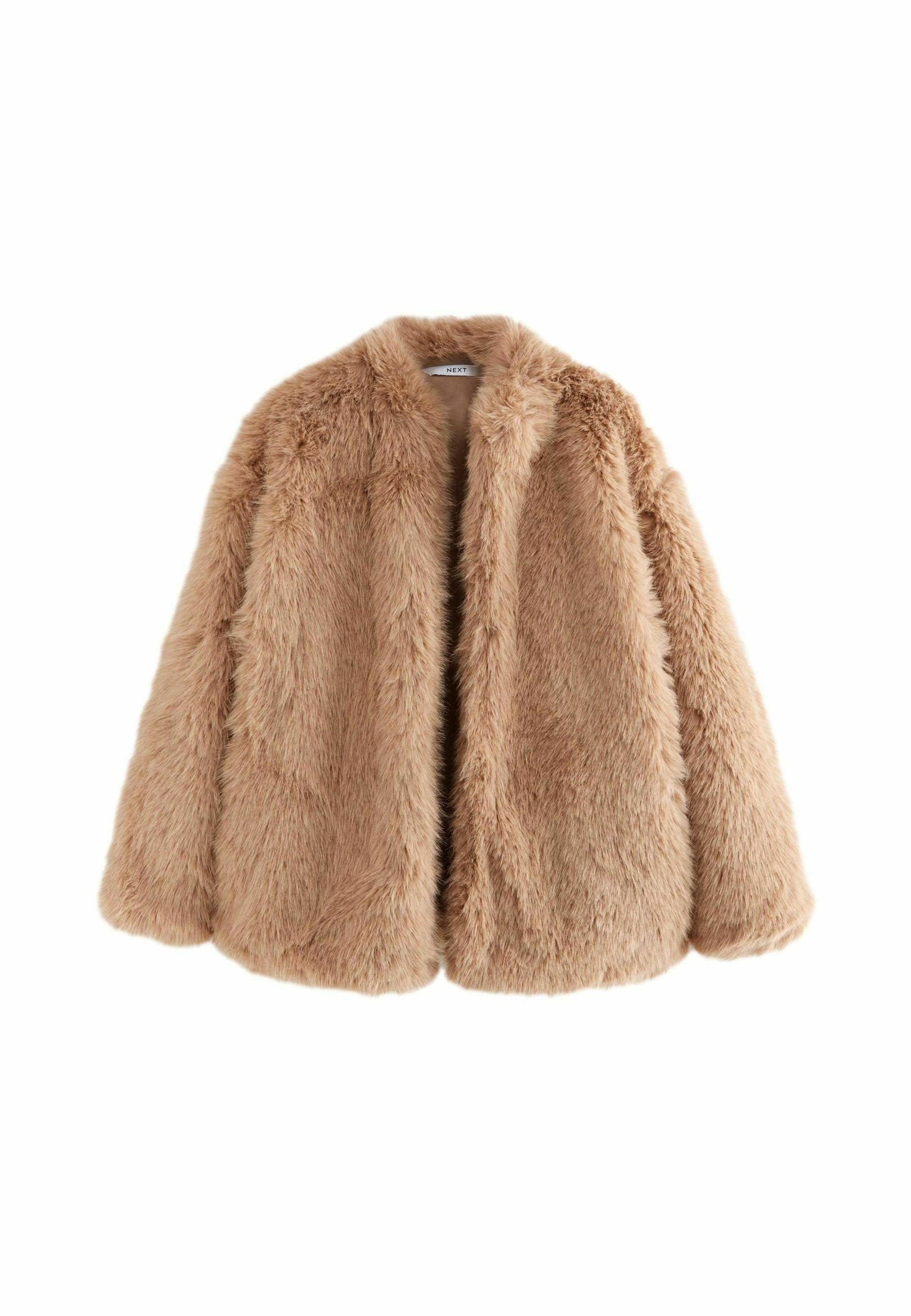 Faux-Fur-Jacke, hellbraun, oversized Design mit breitem Kragen und fallen Schultern, verfügt über eine weiche und strukturierte Oberfläche.