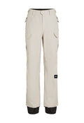Beige Schneehosen mit lockerer Passform, ausgestattet mit Taschen, Reißverschlüssen und schwarzen Akzenten an den Säumen für zusätzlichen Schutz und Stil.