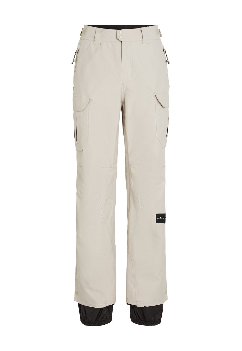 Beige Schneehosen mit lockerer Passform, ausgestattet mit Taschen, Reißverschlüssen und schwarzen Akzenten an den Säumen für zusätzlichen Schutz und Stil.