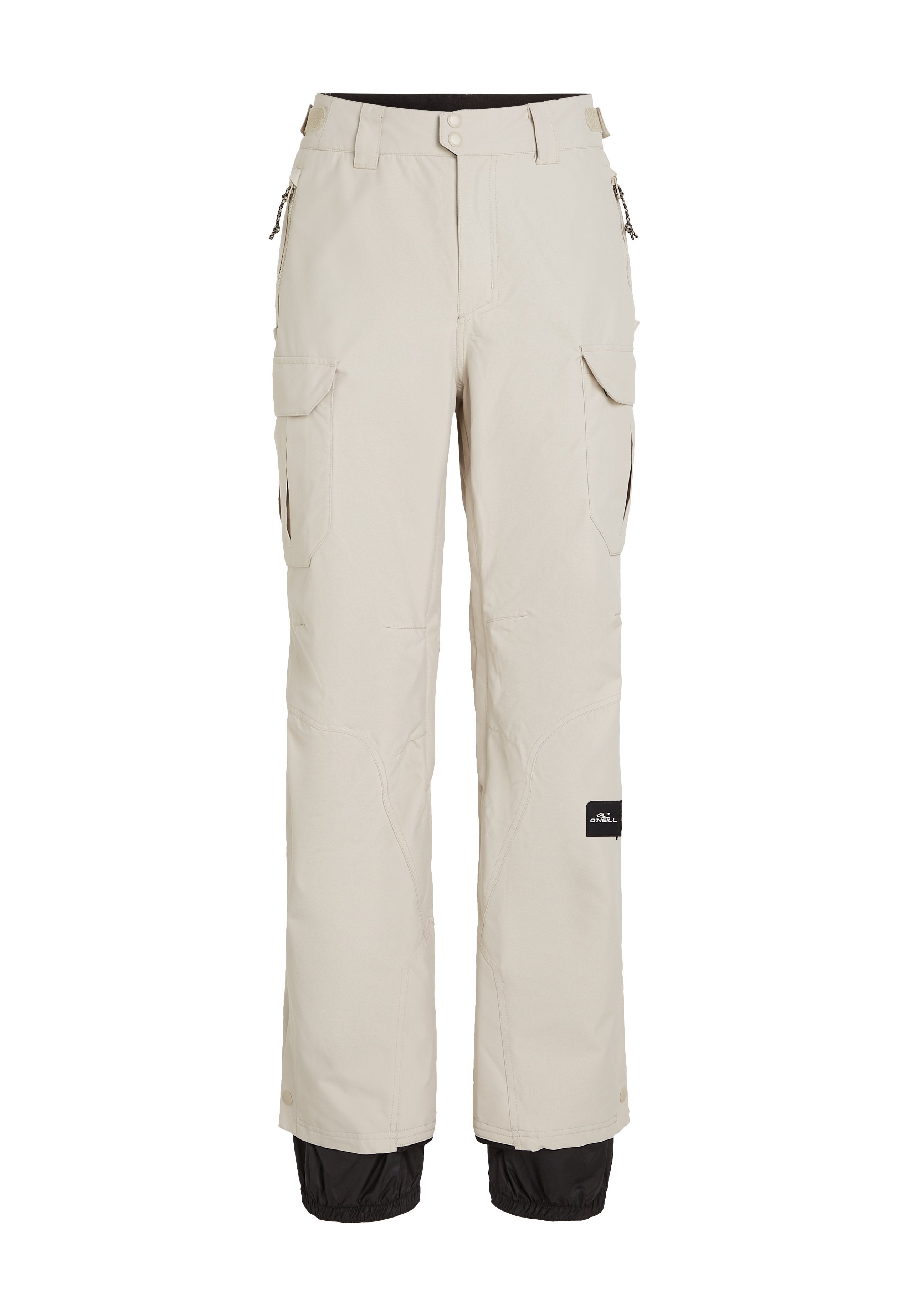 Beige Schneehosen mit lockerer Passform, ausgestattet mit Taschen, Reißverschlüssen und schwarzen Akzenten an den Säumen für zusätzlichen Schutz und Stil.