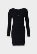 Rippstrick schwarzes Cardigan-Kleid mit langen Ärmeln, V-Ausschnitt und Knopfverschluss auf der Vorderseite. Hat eine schlanke, taillierte Silhouette.