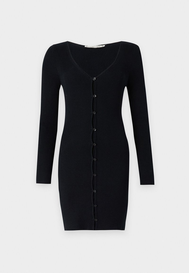 Rippstrick schwarzes Cardigan-Kleid mit langen Ärmeln, V-Ausschnitt und Knopfverschluss auf der Vorderseite. Hat eine schlanke, taillierte Silhouette.