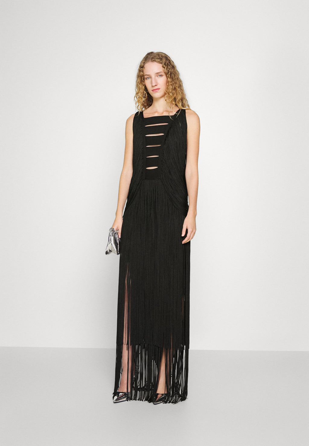 Hervé Léger DRAPED FRINGE PLUNGING GOWN