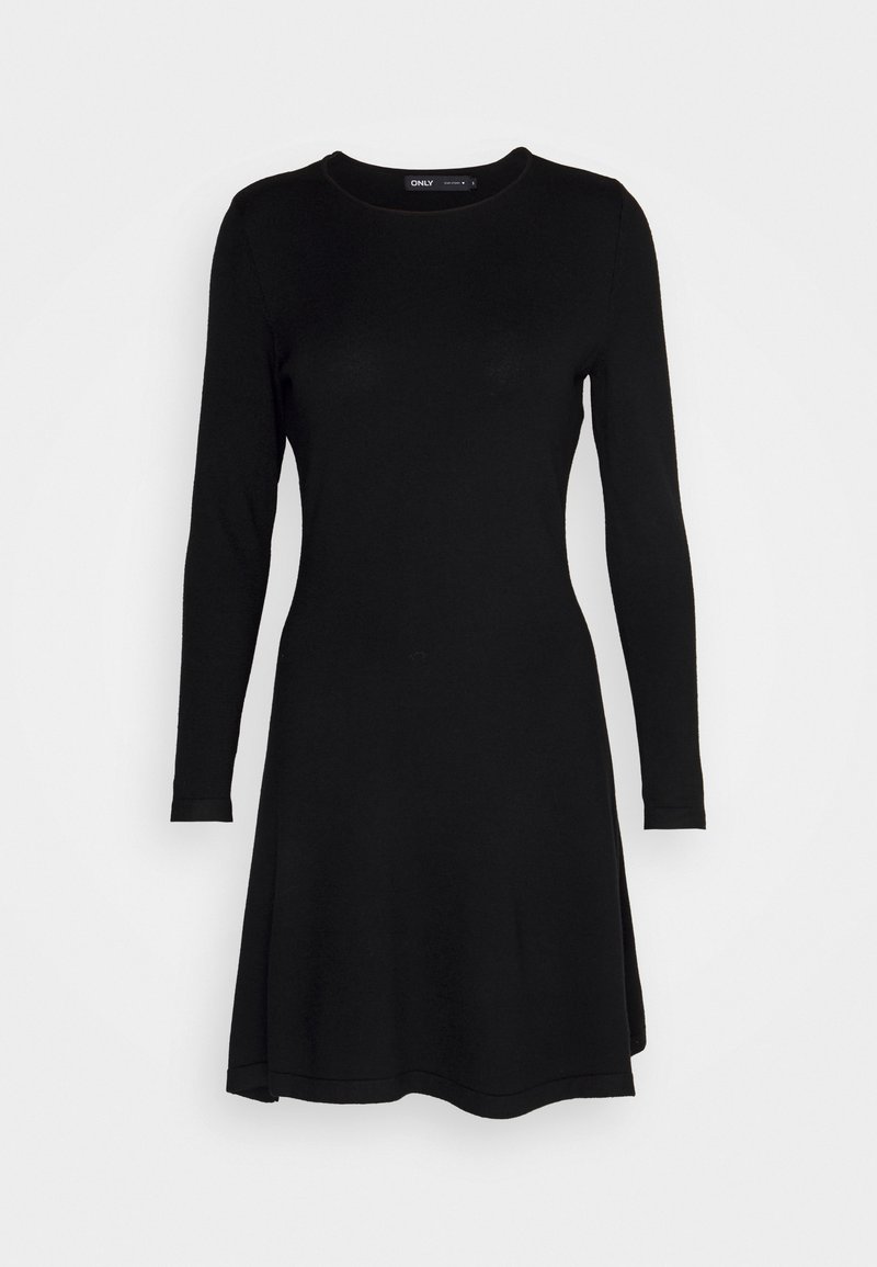 Schwarzes langärmliges Kleid aus weichem Stoff. Runder Ausschnitt, figurbetonter Oberteil und ausgestellt geschnittenen Rockbereich für einen lässigen Sitz.