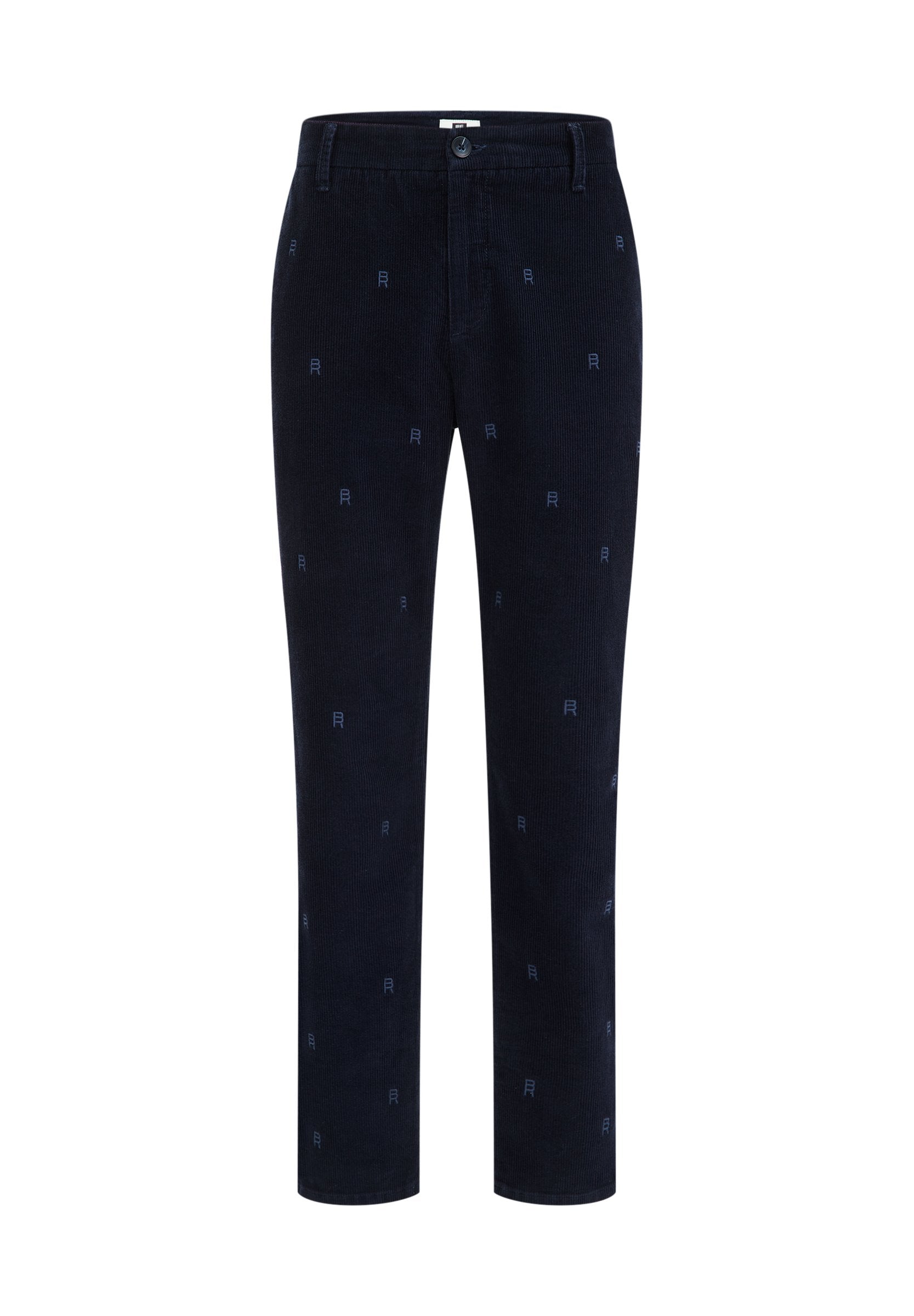Marineblaue Cordhosen mit schmaler Passform und subtilem "R"-Muster. Mit normalem Bund und geradem Bein.