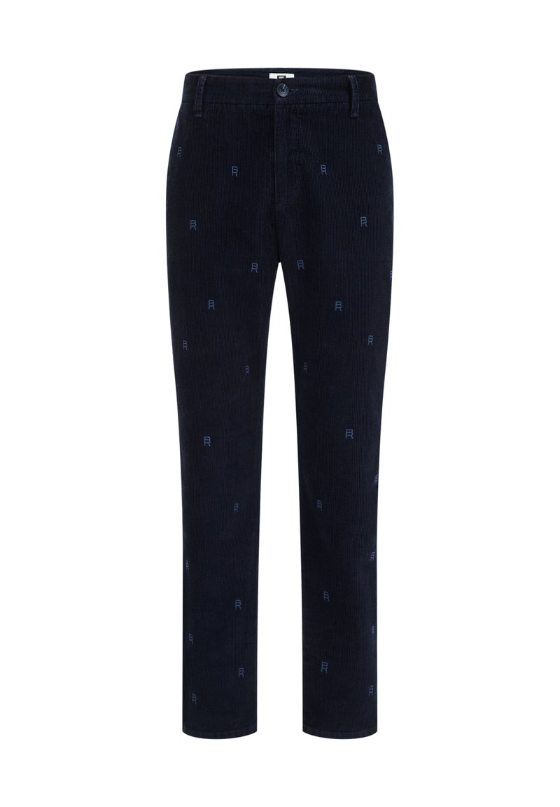 Marineblaue Cordhosen mit schmaler Passform und subtilem "R"-Muster. Mit normalem Bund und geradem Bein.