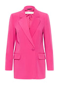Helle rosa Ein-Knopf-Blazer mit Revers und Frontklapptaschen, vor einem weißen Hintergrund präsentiert.