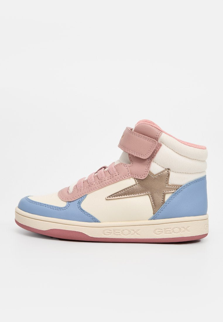 High-Top-Sneaker in Creme, Hellblau und Pink. Mit beigem Sternakzent, gepolstertem Kragen und Klettverschluss. Strukturiertes Gummi-Boden.
