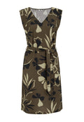 Blumenmusterkleid mit V-Ausschnitt, ärmellosem Design, grün-braunem Grundton und einem Stoffgürtel zum Raffen in der Taille.