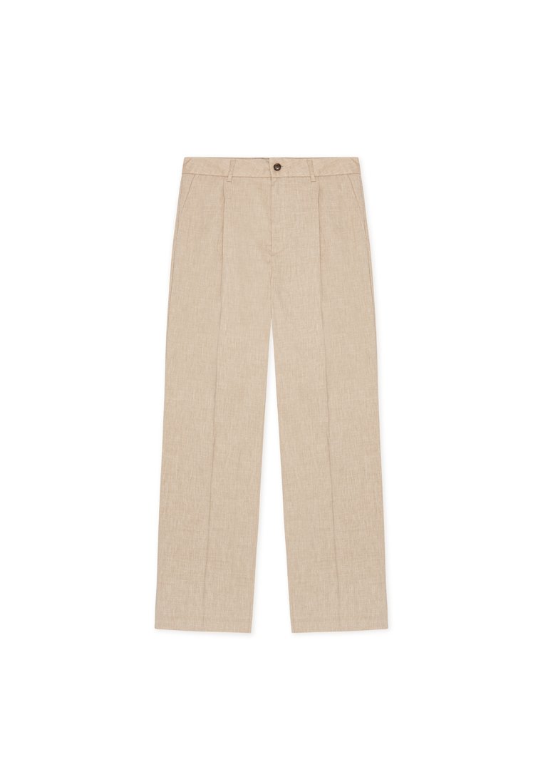 Beige Leinenhosen mit geradem Schnitt, zwei vorderen Falten, einer vorderen Knopfverschluss und Taschen auf beiden Seiten.