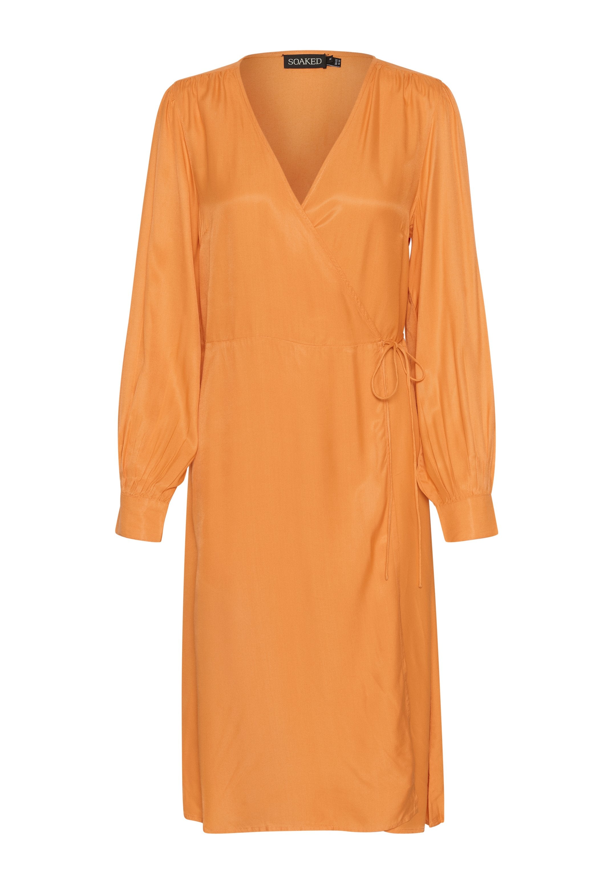 Orangenes langärmliges Wickelkleid mit V-Ausschnitt, seitlichem Bindeband, gerafften Schultern und enganliegenden Manschetten.