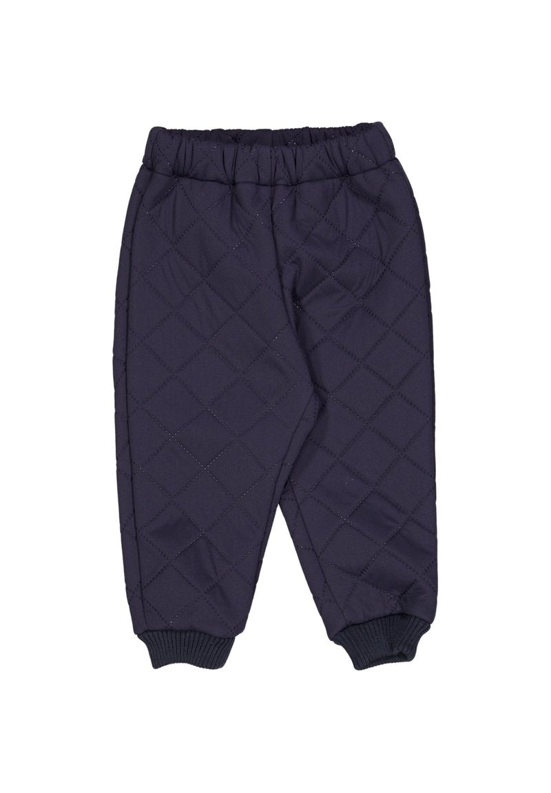 Navy ausgepolsterte Hose mit einem Rautenmuster, elastischem Bund und gerippten Bündchen für eine enge Passform. Hergestellt aus einem weichen, strukturierten Stoff.