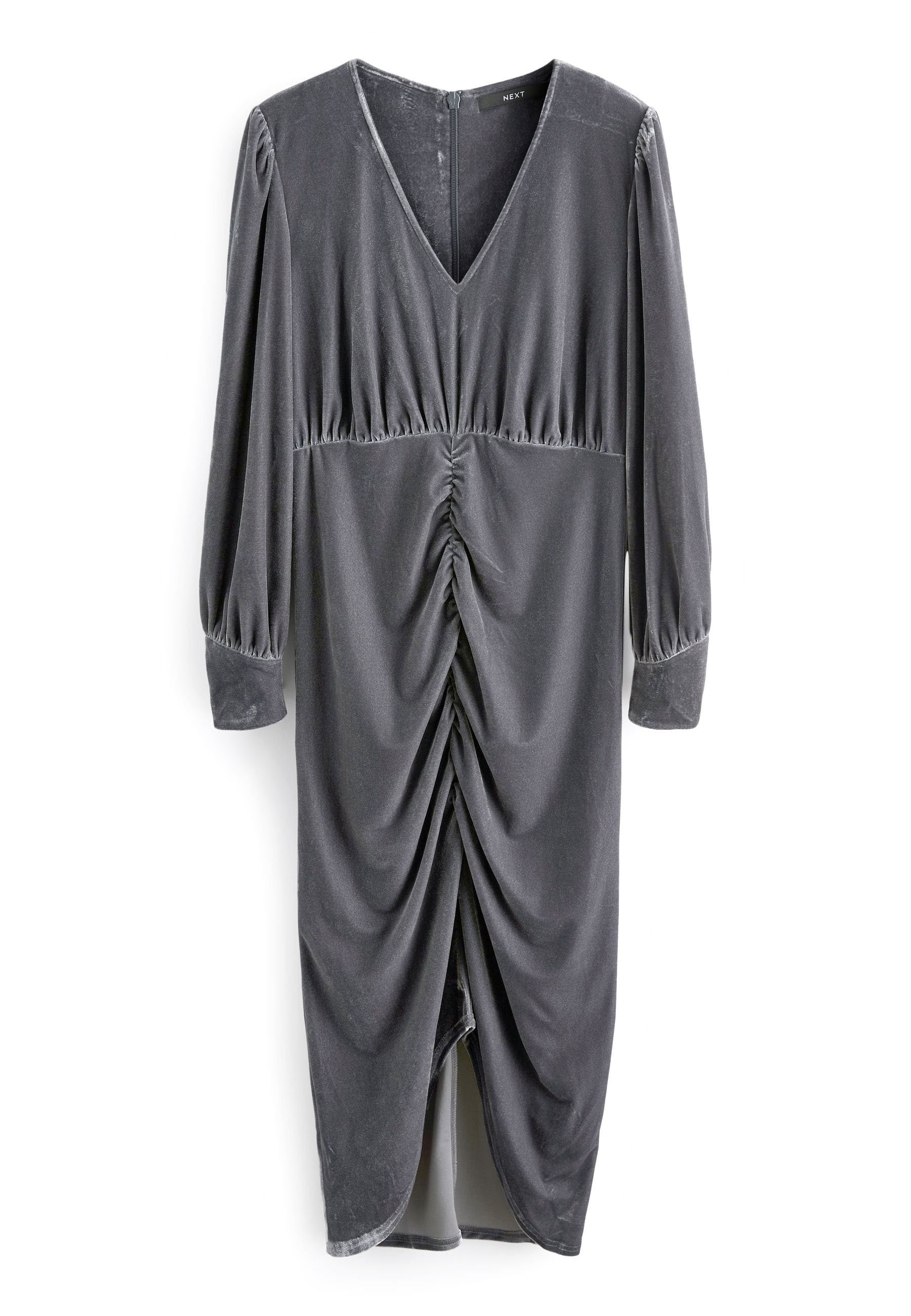 Graues Samtkleid mit V-Ausschnitt, langen Puffärmeln sowie gerafften Details an Taille und Saum, versehen mit einem Schlitz am Boden.