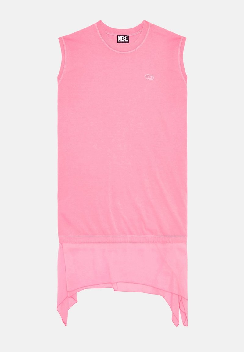 Ärmelloses pinkes Kleid aus weichem Stoff, mit rundem Ausschnitt, einem Logo auf der Brust und einem längeren Saum hinten mit seitlichen Schlitz.}}