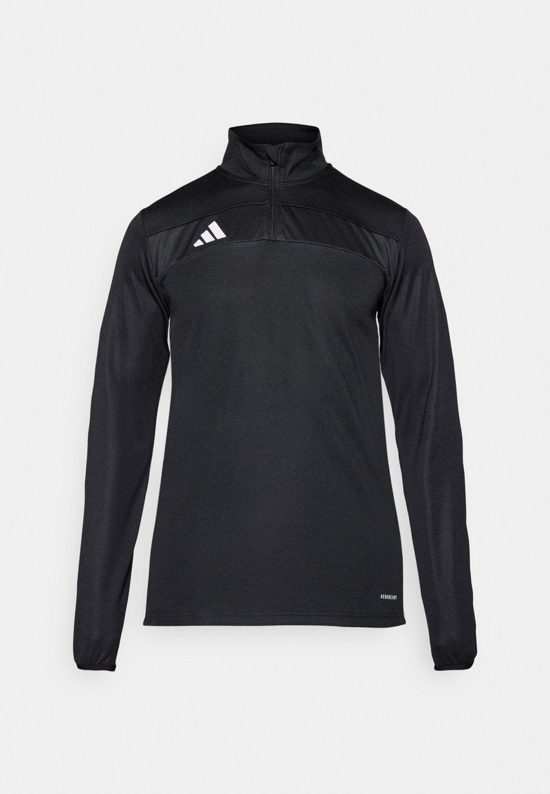 Schwarzathletischer Pullover mit langen Ärmeln, Viertel-Reißverschluss-Kragen, strukturiertem Oberpaneel und weißen Logo-Details auf der linken Schulter.