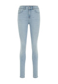 Helle blaue Skinny Jeans aus Denim mit hoher Taille, Fünf-Taschen-Design und subtilen Waschungen auf dem Stoff.