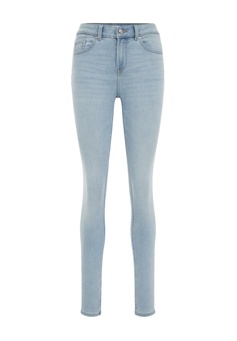 Helle blaue Skinny Jeans aus Denim mit hoher Taille, Fünf-Taschen-Design und subtilen Waschungen auf dem Stoff.
