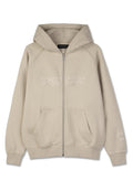 Beige Kapuzenpullover mit Reißverschluss aus weichem Stoff, mit einem Logo auf der Vorderseite, zwei Taschen, gerippten Bündchen und dem Spruch "Mach es für die Zukunft" auf dem Ärmel.