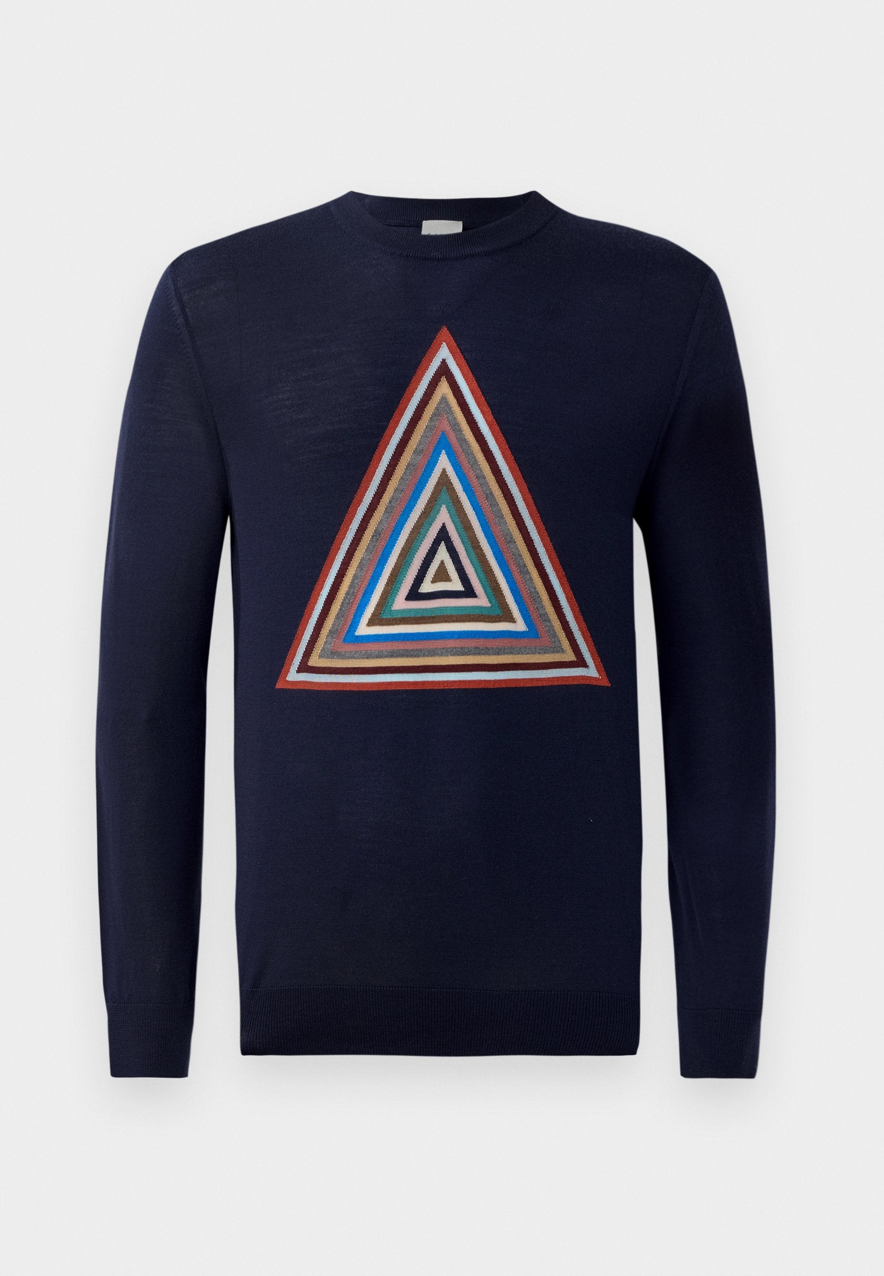 Marineblaues Sweatshirt mit einem zentralen, mehrfarbigen dreieckigen Design und geschichteten Mustern in Rot, Braun, Blau und Creme. Lange Ärmel und Rundhalsausschnitt.
