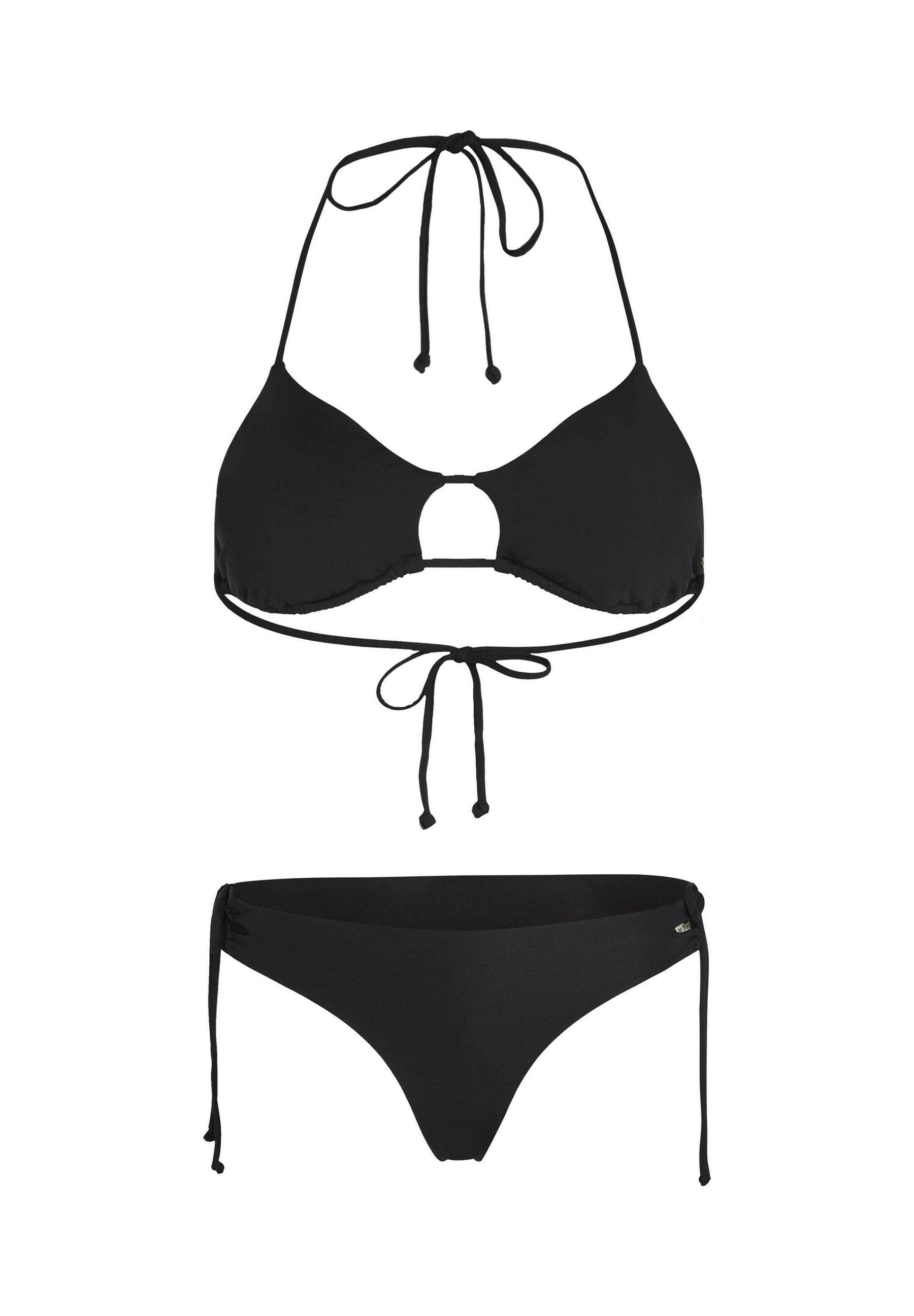Schwarzes Bikini-Set mit Neckholder-Top und einem Schlüsselloch-Detail sowie Bindebändern, und passenden Hüftslip mit seitlichen Bindebändern. Weiche, glatte Textur.