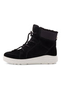 Schwarze Wildleder-Ankle Boots mit einer weißen Gummisohle, gepolstertem Schaft, Schnürung vorne und strukturiertem Obermaterial.
