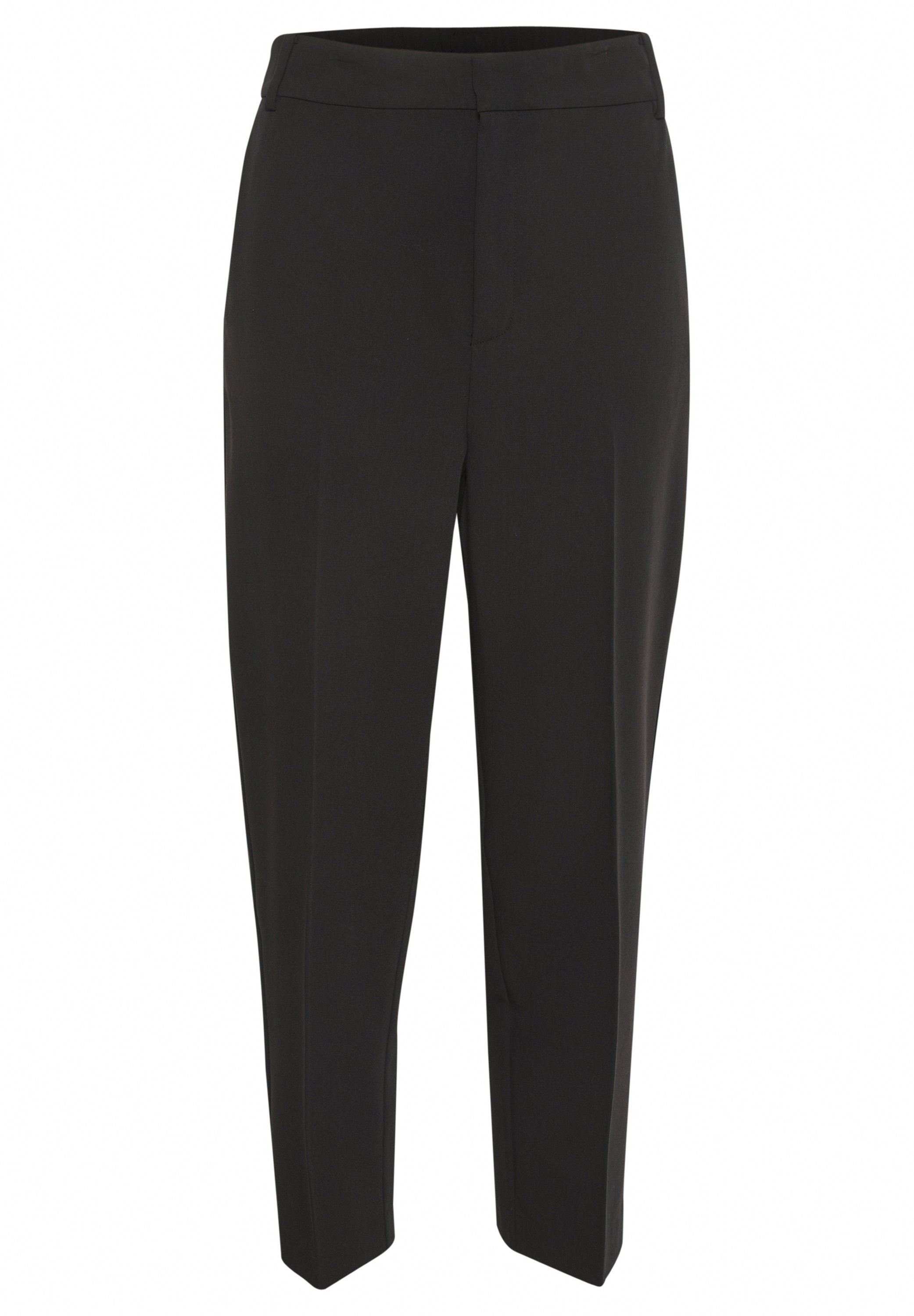 Schwarze Hose mit geradem Schnitt und glatter Textur, ausgestattet mit einem klassischen Bund und ohne sichtbare Taschen. Geeignet für verschiedene Anlässe.