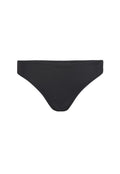 Schwarze Bikinihose mit einer glatten Textur, niedrigem Schnitt und minimaler Bedeckung. Verfügt über eine schlichte Nahtführung und eine klassische Form.