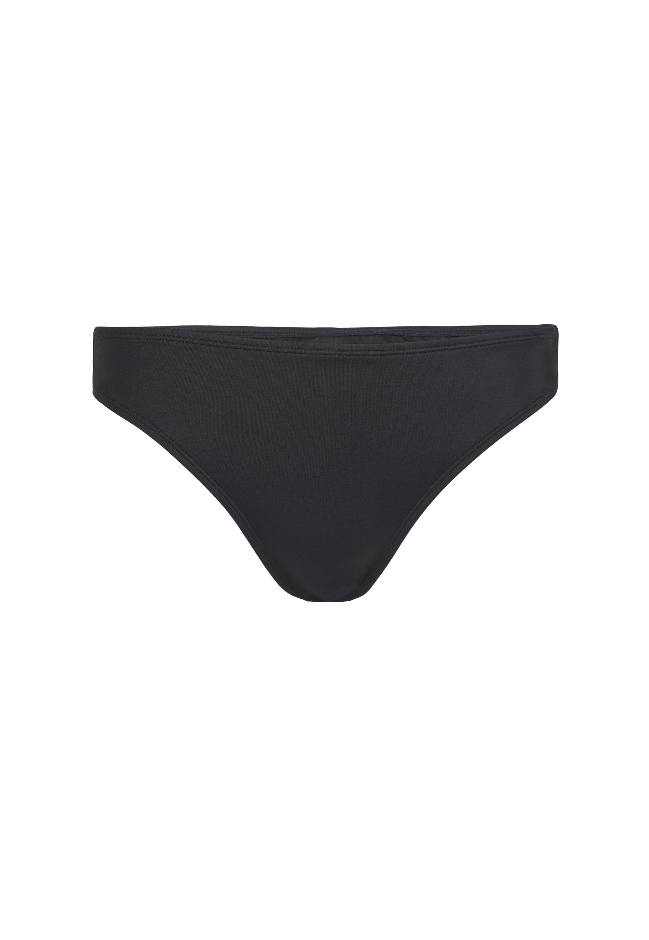 Schwarze Bikinihose mit einer glatten Textur, niedrigem Schnitt und minimaler Bedeckung. Verfügt über eine schlichte Nahtführung und eine klassische Form.