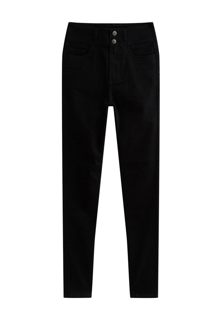 Schwarze Skinny-Jeans aus Denim mit hoher Taille, ausgestattet mit zwei Fronttaschen, zwei Gesäßtaschen und zwei metallischen Knopfverschlüssen am Bund.