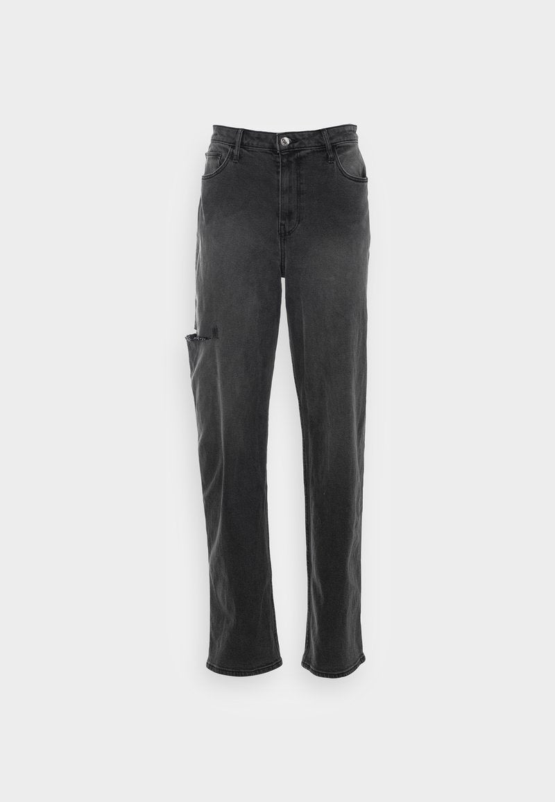 Schwarze Denim-Jeans mit geradem Schnitt, ausgestattet mit einer Vordertasche, Gesäßtaschen und einer verwaschenen Stelle am linken Bein.