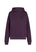 Lila Kapuzenpullover aus weichem Stoff mit einer Fronttasche, versehen mit einem schwarzen Logo-Druck auf der Brust sowie gerippten Bündchen und Saum.