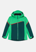 Grüne und dunkelblaue Jacke mit Kapuze, versehen mit einem roten Akzentstreifen, einem Reißverschluss vorne und kontrastierenden Ärmeln. Glatte Stoffstruktur.
