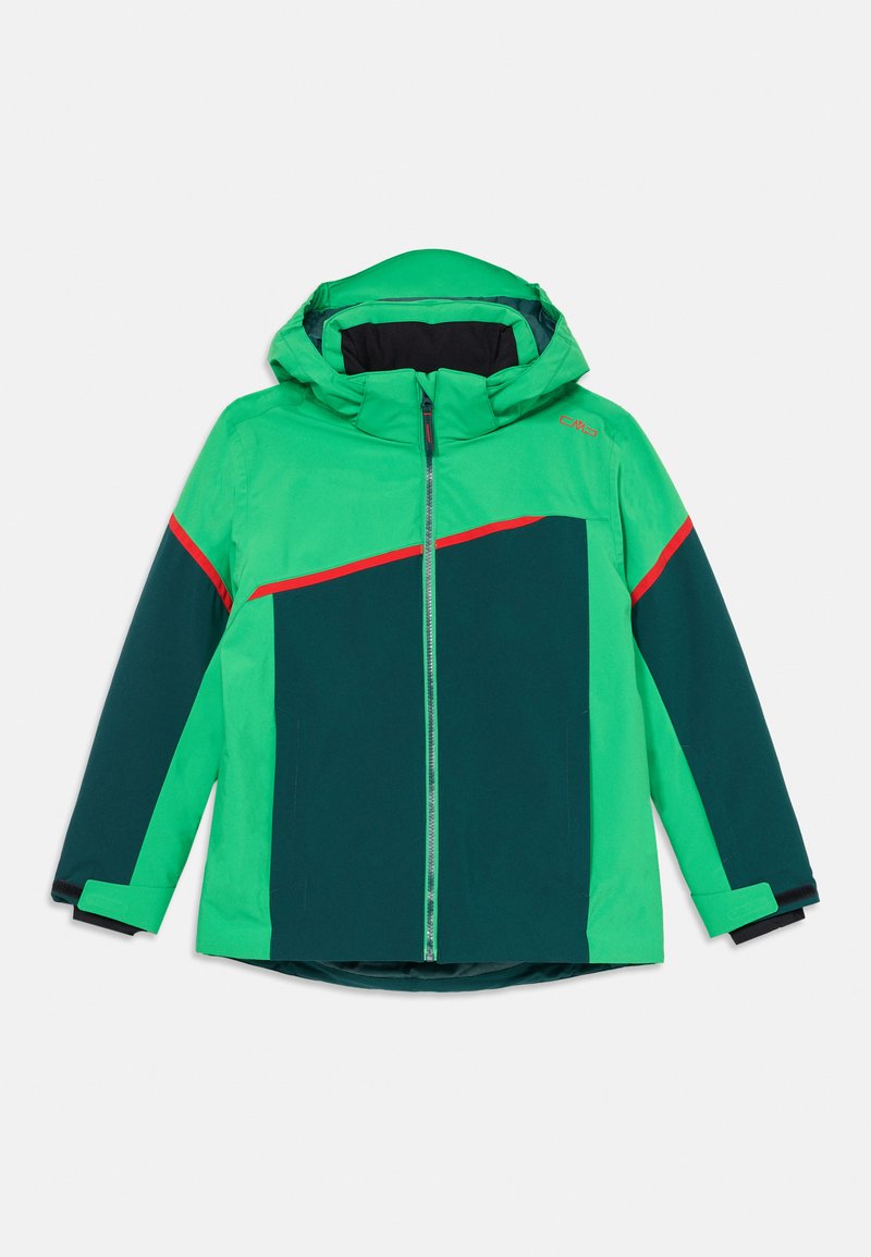 Grüne und dunkelblaue Jacke mit Kapuze, versehen mit einem roten Akzentstreifen, einem Reißverschluss vorne und kontrastierenden Ärmeln. Glatte Stoffstruktur.