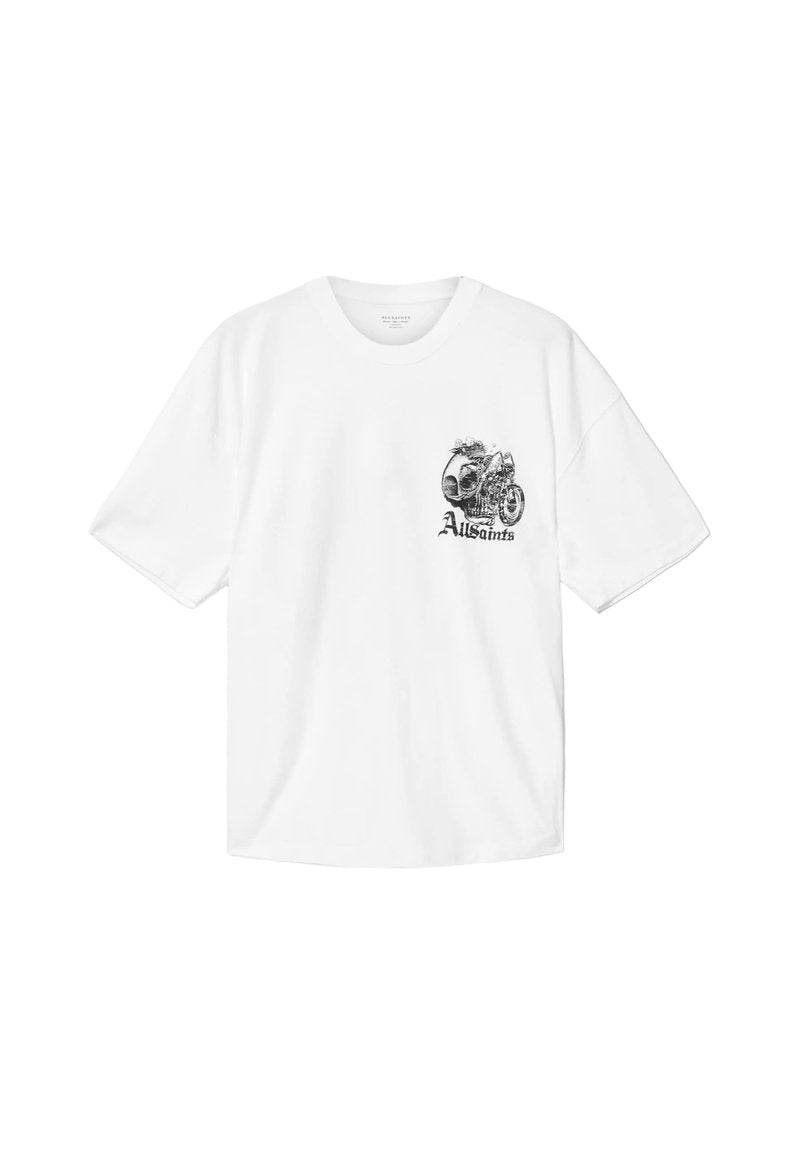 Weißes Baumwoll-T-Shirt mit rundem Ausschnitt und kurzen Ärmeln. Mit einer schwarzen Motorradgrafik und dem Schriftzug "Allsaints" auf der Vorderseite.